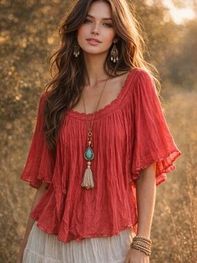 Max & Morgan Boho Peasant Blouse Large Fuchsia Pink Flowy Lace Trim Festival Top